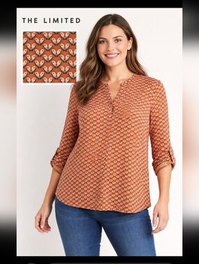 THE LIMITED Womens L Foxes Face Eyes Print Graphic Split V-Neck Top Red White